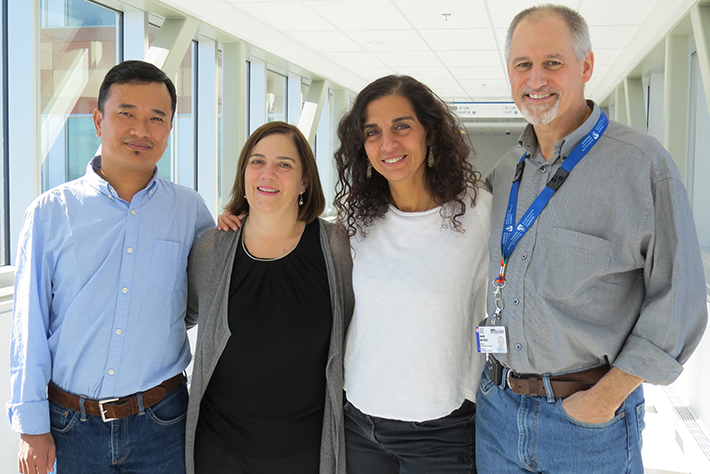 From left to right: </strong>Dr. Tenzin Gayden, Dr. Sharon Abish, Dr. Nada Jabado and Dr. David Mitchell (Research Institute of the MUHC, Glen site) joined forces and expertise to solve a medical mystery that originated at the Montreal Children’s Hospital, leading to an important international discovery