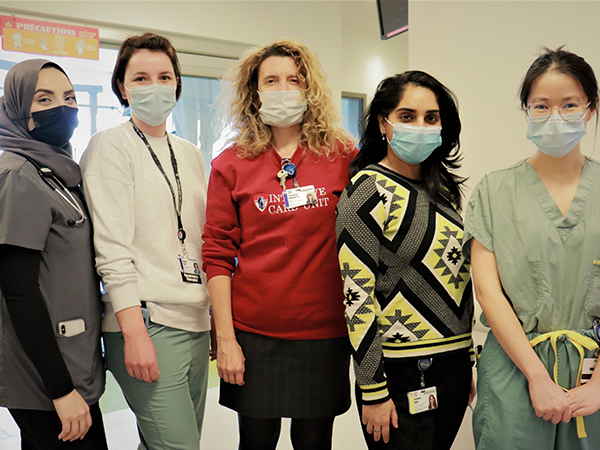 from left to right: Maryam Tarshi, respiratory therapist, Chantal Piche, respiratory therapist, Dr. Francesca Rubulotta, Aasmine Kaur, clinical research coordinator, and Nawaporn Assanangkornchai, medical resident.