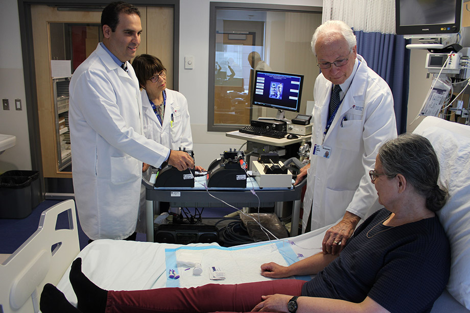 From left to right: Researchers Dr. Michael Tsoukas, coordinator Marie Lamarche, and Dr. Errol Marliss (left to right) explain the procedures to a participant of their study at the RI-MUHC Centre for Innovative Medicine.