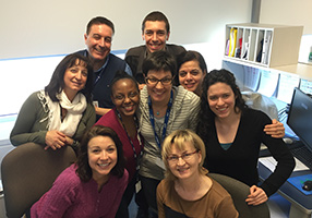 The Cytopathology Lab – Where diagnoses are made based on cells rather than tissues. From left to right: Sonia Lambert, Lydia Lubrano, George Kaoumi, Kaven Larouche, Julie Brodeur, Sylvie Chakouayeu, Anna Elisio, Valentina Kalcenko and Elodie Bilodeau, a cytology student.
