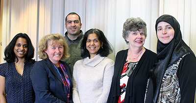The MUHC’s Health Technology Assessment Unit (TAU) partners with INESSS, the provincial health agency charged with ensuring efficient use of resources. From left to right: Nisha Almeida, Laurie Lambert (of INESSS), David Felipe Forero, Nandini Dendukuri, Lorraine Mines and Lama Saab.