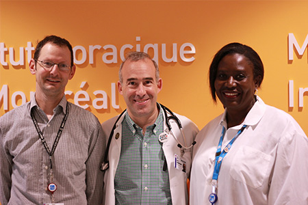 Clinical Nurse Specialists Denis Francis and Amélie Fosso surround Dr. Kevin Schwartzman, director of the MUHC’s Adult Respiratory Division