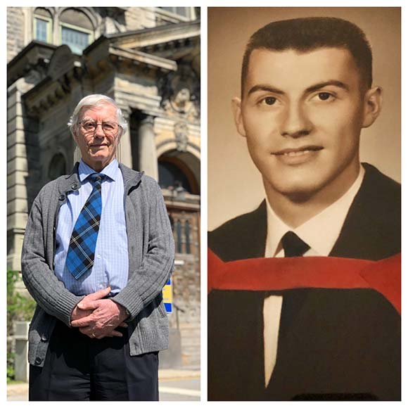 Dr. Alec Ramsay, today, and on graduation day from McGill University’s Faculty of Medicine in the spring of 1962, at age 25.