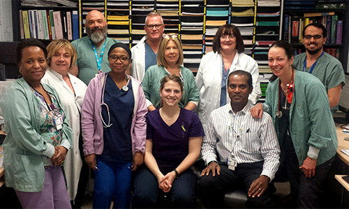 Front row, left to right: Nedeline Pean, nurse, Michelina Vincellli, administrative clerk, Veronika Leatham, nurse, Anne Mcmanus, nurse, Siva Moonsamy, nurse manager and Marie Claude Lessieur, nurse. Back row, left to right: Nick Boulieris, PAB, James Greene, PAB, France Ellyson, assistant nurse manager, Carole Mcinnes, nurse and Dr. Abdulrahman Alturki, ICU fellow.