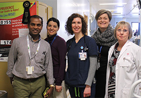Left to right: Siva Moonsamy, nurse manager, France Paquet, clinical practice consultant, Marianne Sofronas, nurse, Joanne Charbonneau, professional development educator and Susan Rachel, infection control practitioner.