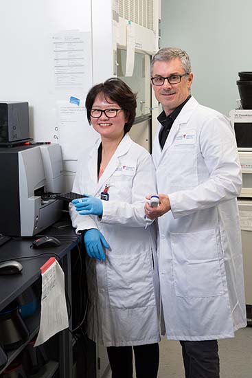 The team of Dr. Stephane Laporte, here with Yoon Namkung, uses innovative biosensor technology to identify more effective molecular therapies.