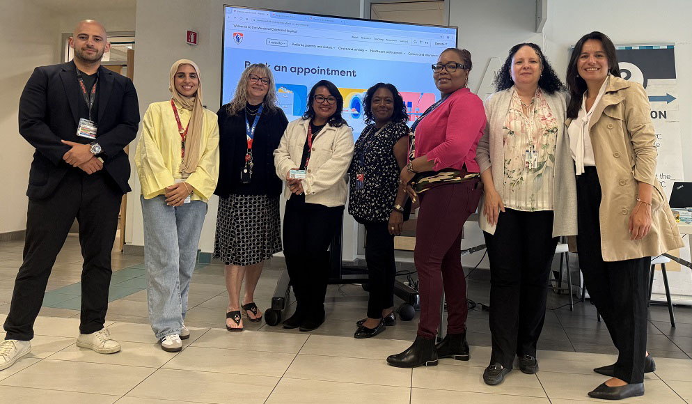 The Referral Portal team was at the Montreal Children’s Hospital on Monday to show parents and patients how to use the portal. From left to right: Khaled Mehairy, Manal Boutchich, Nathalie Fréchette, Marjorie Paranada, Shari Beharry, Althea Robinson, Stavroula Kanavaros, Isabel Espanol.