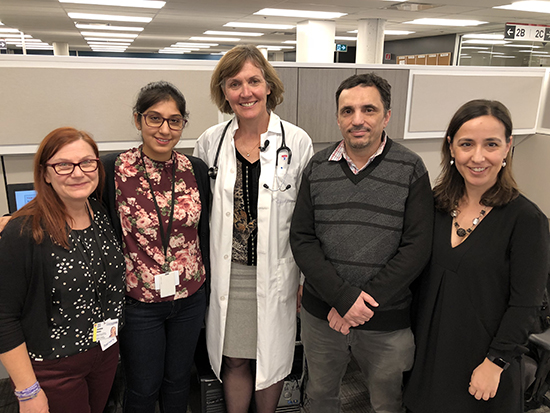 Left to right: Ms. Jasmine Poole, Research Coordinator, Mrs. Amanpreet Kaur, Research Assistant, Dr. Louise Pilote, Professor of Medicine, James McGill Chair, Dr. Hassan Belhouli, Biostatistician, Prof. Valeria Raparelli, Visiting Professor