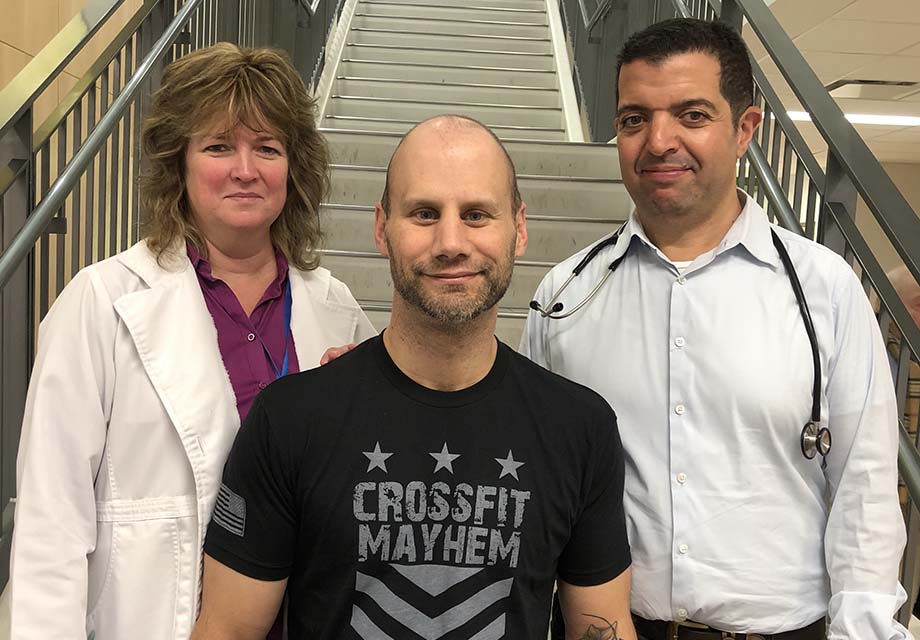 From left to right: Colleen Rooney, colorectal cancer pivot nurse; Ben Laekas and Dr Jamil Asselah, oncologist