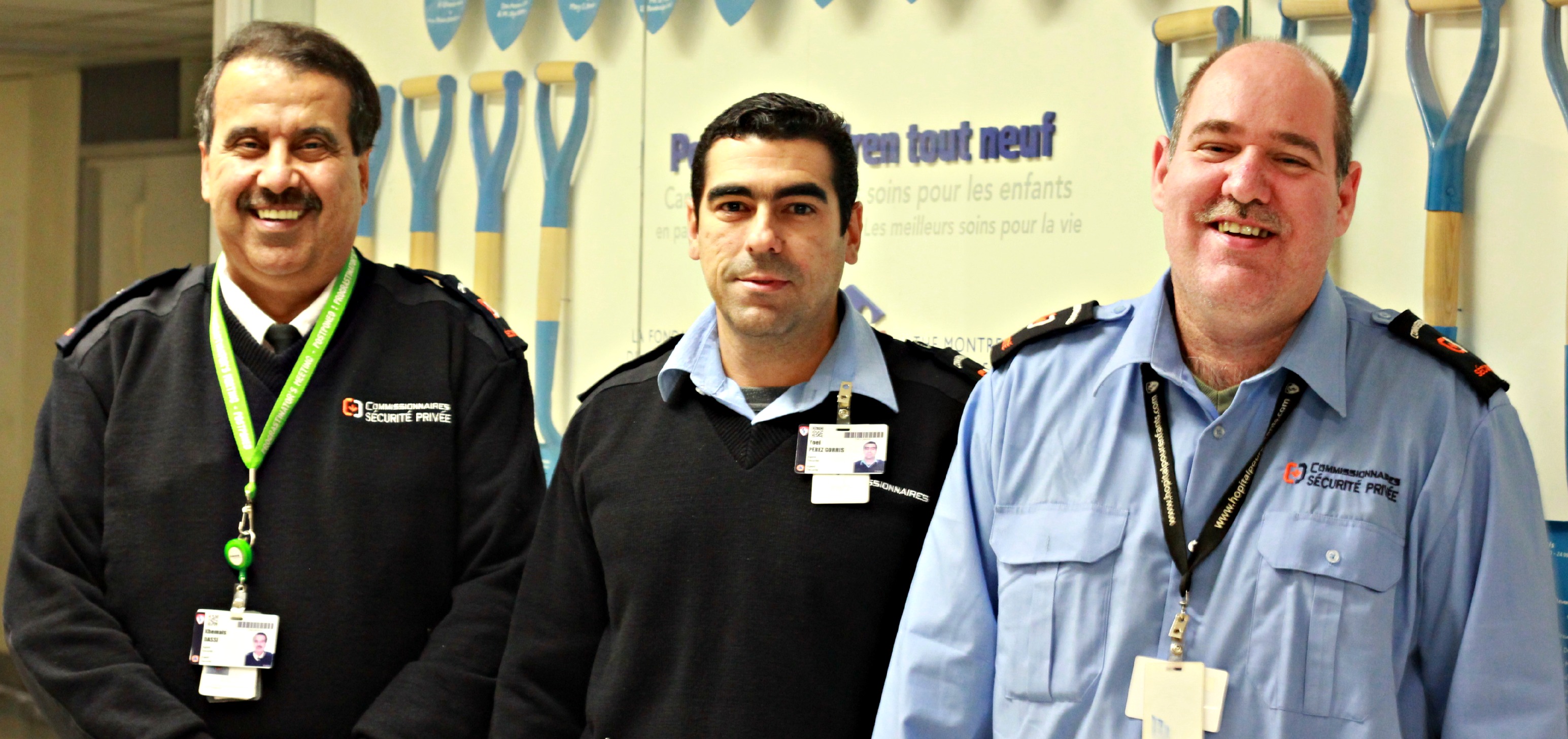 From left to right: Security guards Khemais Dassi, Yoel Perez Gorris and Gilles Gauthier protect the building of the former MCH and the few members of administration of the MUHC who occasionally visit.