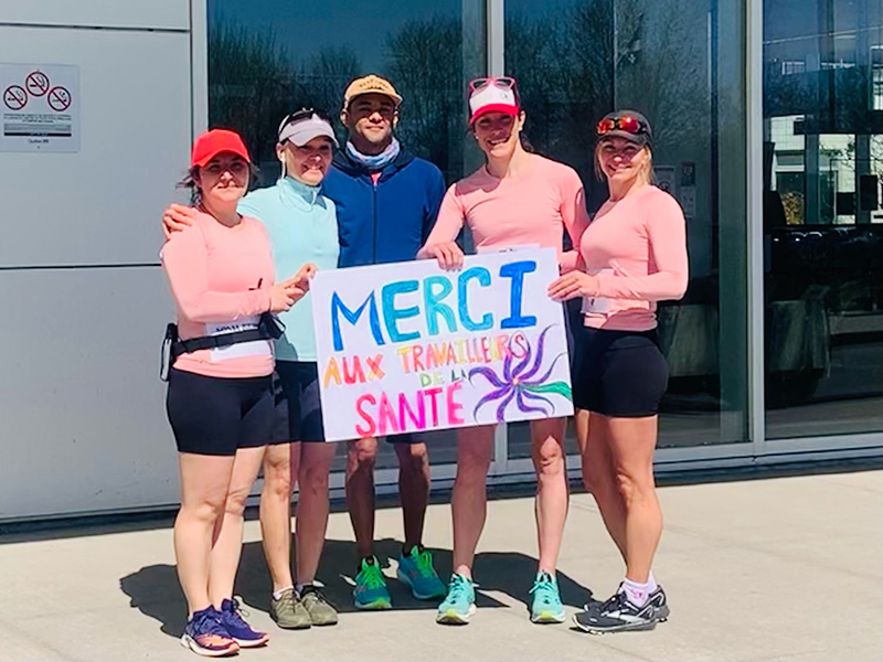 The team at the second edition of the event on May 8, 2022, posing in front of the Glen. From left to right: Gülin Yilmaz, MUHC nurse, Mélanie Myrand, nurse practitioner at the Medistat Clinic, Sarah Bachand, nurse in the Operating Room at the LaSalle Hospital and Natalia Mursa Curci, emergency room nurse at the LaSalle Hospital
