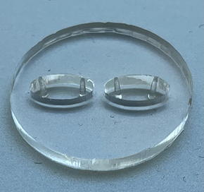 The chip (the platform on which the tissues are placed) measures approximately two centimetres in diameter. Each of the two openings (cardiac chambers) contains two tiny pillars.
