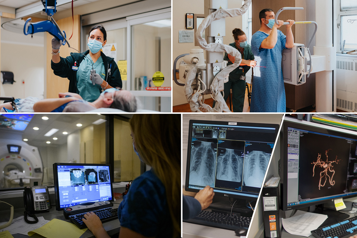Our technologists in action! On top, from left to right: Lachine Hospital and Montreal General Hospital. Bottom, from left to right: Montreal Children's Hospital, imaging at the Glen site and imaging at the Montreal Neurological Hospital.