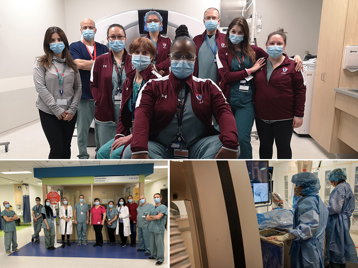On top: CT scan team, Glen site.  Bottom: on the left, echography team, Glen site, on the right, technologist at the Montreal Neurological Hospital.