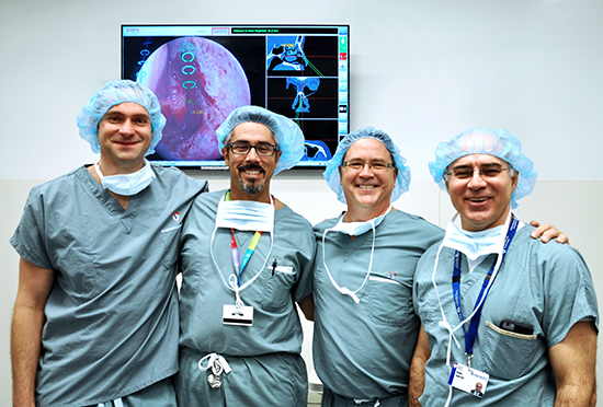 (From left to right) Bartosz Kosmecki (CEO & Founder Scopis), Dr. Marc Tewfik (MUHC director of Rhinology and assistant professor in the department of Otolaryngology at McGill University), Karl Ring (VP Sales Scopis), Dr. Nader Sadeghi (Chair and Chief of the McGill and MUHC Departments of Otolaryngology – Head & Neck Surgery)