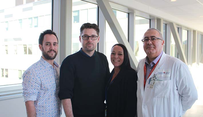 L to R: Stéphane Isnard (Postdoctoral fellow), Franck Dupuy (Research associate), Angie Massicotte (Research coordinator), and Dr. Jean-Pierre Routy (Clinician, division of Hematology, MUHC and Principal investigator for the research study), from the Infectious Diseases and Immunity in Global Health Program (IDIGH) at the Research Institute of the MUHC