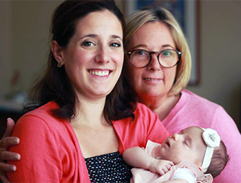 Three generations at the Glen: Vanessa Simoneau’s daughter, Eloise Tellier, was born at the RVH-MUHC on the Glen site on May 6th. Vanessa’s mother, Cheryl-Anne Simoneau, has had a long connection with the hospital.